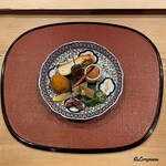 御料理 寺沢 - 真魚鰹の西京焼､蓬麩の田楽､ボタン海老の海鼠子和え､煮鮑､菜花､蛍烏賊梅煮､毛蟹コロッケ