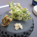 プレゼンテ スギ - 海と大地（ニワトコ新芽フリット、イカと蕗のタルタル、勝浦産浜大根、勝浦産満月塩）