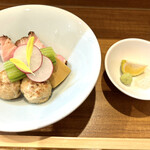 コトノハ - こんぶ昆布水つけそば(大盛り)、別皿提供の具材