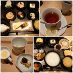 Higaeri Oshokuji Dokoro Momidi - 朝食一例。朝餉(あさげ/ご飯)か朝粥が選べます。腹八分で収まる薄味＆シンプルで素晴らしい食事でした。それでいてデザートが凝ってる！柑橘ゼリーに安平高原のヨーグルト、生麩ティラミス風♡※23年2月。
