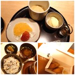 お食事処 もみぢ - 旬のデザート(果物ゼリー寄せ、和三盆ぷりん、貴醸酒をかけるバニラアイス)、ご飯ものはぜんまい＆梅。お夜食に、と稲荷寿司も頂きます※23年2月。