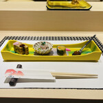上野 寿司 祇園 - 穴子、弥生白魚、ノドグロ青菜巻き、いくら