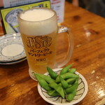 よって屋 - パーフェクトサントリービール（生中）550円＆付出220円の枝豆(2023年3月)