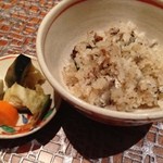 ◆ご飯◆若鮎の炊き込みご飯、味噌汁、お漬物