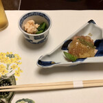 梅の花 - 鯛の子のうま煮/海老と炙りタイラギのジュレ掛け