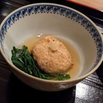 茜坂大沼 - 鶴岡のズワイ蟹飛龍頭　京菊菜。やっと口に入れられるほど柔らかい。大沼さんは「ギリギリを攻めるのが好きなんです」と ニヤリと笑っていらっしゃいました (￣▽￣)ﾆﾔﾘ。