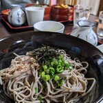 Izumosoba Megumi - ぶっかけそば。殻ごとの蕎麦粉ですが癖は無いです。キリッとした噛みごたえある蕎麦に、甘めのとろりとした蕎麦つゆをかけて。鰹節が効いてますー