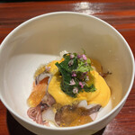 割烹 隆 - お昼のコース９６８０円。魚介盛り込み。サヨリ、ヤリイカ、ホタルイカ、赤貝、とり貝の共演です♩ 黄身酢、ポン酢ジュレも良きお味。とーっても良かったです（╹◡╹）（╹◡╹）