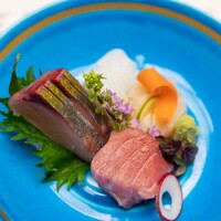 料亭 大宮 一の家 - 2023.3 季節のお造り四種（トロ、縞鯵、アオリイカ、帆立貝）