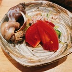 天ぷら たけうち - つぶ貝、水菜、南関揚げ