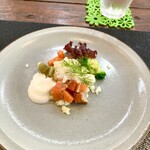 パスト エ カフェ 幸庵 - ●前菜1
      自分で作るポテトサラダ（インサラータ・ルッサ）
      サーモン・人参・ブロッコリー・ヨーグルトソース
