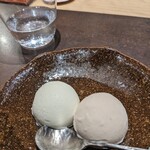 伊勢 福多亭 - 左 米麹の風味が美味しい作とのコラボジェラート、右 南伊勢のアテモヤのジェラート