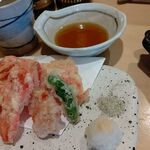 Sushi Tempura Gosakutei - ●ﾗﾝﾁ。中瓶ﾋﾞｰﾙ715+刺し(鮑ｱﾜﾋﾞ1738X2+ｲｸﾗつまみ1078)+ｶﾝﾊﾟﾁ塩焼1078+紅生姜天ぷら528+梅てんぷら定食1480=7,440円 