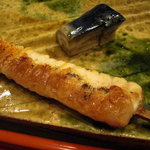 寿司一 - 鮃の縁側串焼と茄子の漬物。