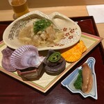 銀座 しのはら - 八寸〜節句　甘鯛の松笠揚げの餡掛け　筍とイカの木の芽和え　飯蛸とこごみ　赤貝と菜種の酢の物　玉子真丈