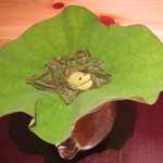 神保町 傳 - 小皿：蛙の物思い　順才、トマト心太、バジルシード、パッションフルーツ、酢ゼリー