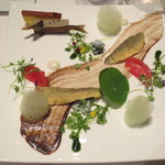 銀座 レカン - 今回の一皿。鮎のソテーとリエット仕立て　フォアのソースのコンポジション