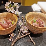 銀座 稲葉 - 富山県産蛍烏賊、桜鱒の昆布〆、 炙った貝、長芋の素麺風