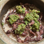 日本料理 太月 - 量少なめコース２３１００円。蛍烏賊と蕗の薹の土鍋ご飯。こちらで出会った大好物の味わいです。小ぶりな物ですが、ご飯と合わせるのに良きサイズです。