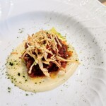 La Brianza - 今旬イイダコトマト煮込み根セロリピュレ根セロリフリット小松菜パウダー。根セロリフリットが小気味よい歯ざわりやわらかイイダコといいバランス。まったりピュレもいい感じ(*^^*)