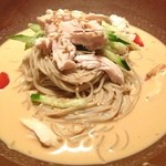 Tori gen - 蒸し鶏と野菜のゴマドレ蕎麦。￥850
                        
                        暑いからサッパリとお蕎麦を食べました(*^◯^*)