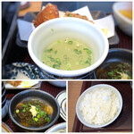 Hakata Mizutaki Hamadaya Kuuten - ◆鶏スープは旨味が出て美味しい、薄味なので卓上のお塩を少し足すといい塩梅に。 ◆ご飯はつやがあり美味しく量を（大･中・小）から選べます。お写真は「中」。 1杯お代わりできると言われたような。 ◆もずく酢