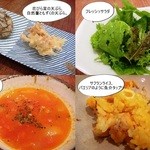 チューリップスープ - 花びら茸の天ぷら、自然薯ともずくの天ぷら。フレッシュサラダ 、トマトスープ、サフランライス