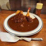 カレーの南海 - メンチカツカレー(大辛の辛め)+エビフライ　900円+260円