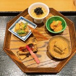 Otagi - 平貝のぬた　穴子のタレ焼き　牛蒡の山椒煮
                        雲丹　湯葉と昆布出汁のゼリーとキャビア　バチコ