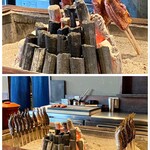 たでの葉 - 炭も次第に燃え進みます。
      上は天然の真鴨
      下はヤマメ、川魚は最初は遠火から焼き始め、徐々に炭近くに移動しながら骨まで柔らかく焼き上げます。