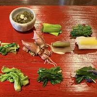 たでの葉 - 山菜メインの八寸、春の息吹を感じます♪
                    ☆ 蕨のたたき
                    ☆ カンゾウ
                    ☆ シャク
                    ☆ 山三つ葉
                    ☆ ホタルイカ 蕗味噌
                    ☆ ツワブキ マヨネーズ
                    ☆ うるい
                    ☆ コシアブラ
                    ☆ ヨメナ
                    ☆ カタクリ
                    