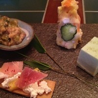 えびす あふそや - 惣菜盛り合わせ（・ポテトサラダ・枝豆豆腐トリュフ塩で・食べられる短冊・へちまと島豚の炒め物）