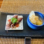 今石飯店 涼華 - 特選前菜盛り合わせ
      左：富山県産ホタルイカのスチーム
      右：ホワイトアスパラ天ぷら