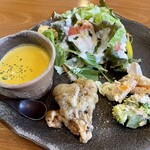 Morino Resutoran - 前菜　かぼちゃポタージュ、舞茸のフリット、サラダ4種