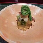 奈良 而今 - アワビ　ホタルイカ　春野菜の煮凝り　こごみ