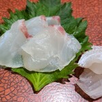 鮨匠 のむら - ③④真鯛背と腹(鹿児島県開聞岳沖産、1.9kg、雄、朝〆)
      外洋生息の真鯛は海老・蟹等より小魚を食べているので滋味よりも脂の旨みが優勢
      しっとりとした食感、透き通る旨み極上です
      腹身は更に深い旨みあり