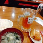 Nijuu Yojikan Gyouza Sakaba - ランチ　青椒肉絲　ドリンク、スープ、ご飯おかわり自由、小皿つき（野菜炒め、春巻き）　のセット内容