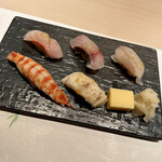 寿司と日本料理 銀座 一 - ニの寿司（五貫）-キンメダイ•イサキ•ヒラメ•クルマエビ•アナゴ