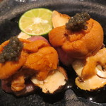 鳥茂 - 松茸のサーロイン巻き、雲丹とキャビア載せ2