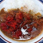 名代 富士そば - 朝カレーセット450円のミニカレー七味と醤油…掛け過ぎたしょっぱい(2023.3.25)