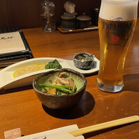 馬桜 下通り店 - ○生ビール(プレミアムモルツ)(740円)
                ◆お通しの馬肉と新じゃがの炊き合わせ
                ◇辛子レンコン(小)(450円)