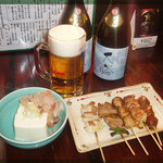 やきとり大勝 - 料理写真:大人気の晩酌セット！生ビール1杯・焼き鳥5本・冷奴付で￥1050