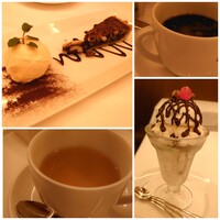 ベンジャミンステーキハウス 京都 - ピーカンナッツパイ ハーフ660円、チョコレートファッジサンデー1,320円、コーヒー880円、カモミールティー1,100円✨ナッツが香ばしくて温かいパイ＆絵に書いたようなアメリカンサンデー♡