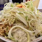 ラーメン二郎 - 小ぶた（980円）＋汁なし（100円）＋ネギ（100円）＋ニラキムチ（100円）、ニンニク・辛子マヨ