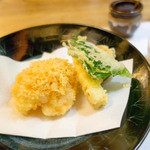蕎麦 坐忘 - 天ぷら（ヤングコーン、さつまいも、はっぱ、海老のかき揚げ）