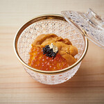 A small bowl of sea urchin and salmon roe