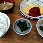 Kashiwaya Shokudou - 『ご飯（中）と味噌汁のｾｯﾄ』・『ｵﾑﾚﾂ』・『ほうれん草のおひたし』・『ﾋﾟｰﾏﾝﾍﾞｰｺﾝ巻き』