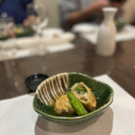 多満喜 - 揚物　帆立、海老、菜の花の湯葉包揚げ
      　　　　酒　秋田県・雪の茅舎