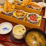 築地食堂 源ちゃん - 選べる玉手箱(左から海鮮天丼、うなぎ丼、山かけ鉄火丼)