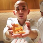 銀座 しのはら - フォアグラ最中あんぽ柿、ピスタチオ、ウイスキーゼリー